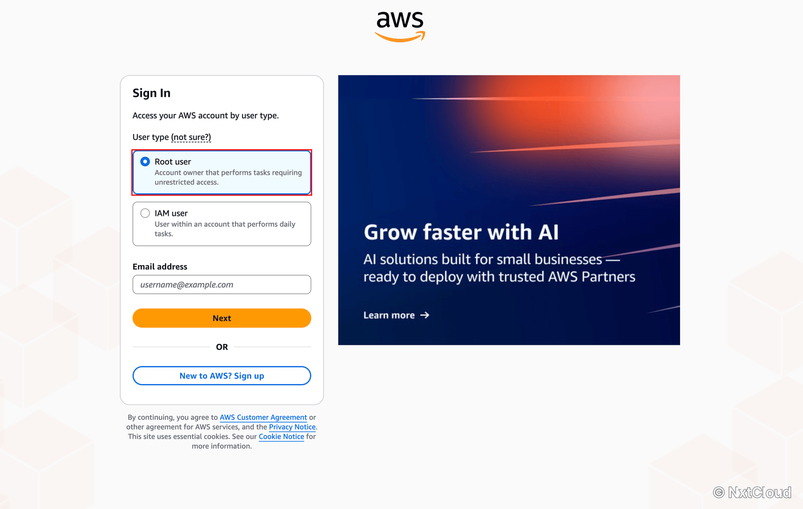 AWS 로그인 화면 — Root user 선택