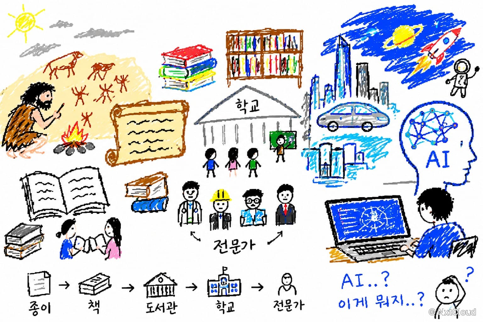 동굴 벽화에서 종이, 책, 도서관, 학교, 전문가로 이어지는 지식 전달의 흐름과, 그 끝에서 모든 분야를 흡수한 AI를 보며 "이게 뭐지?" 하고 갸웃하는 사람